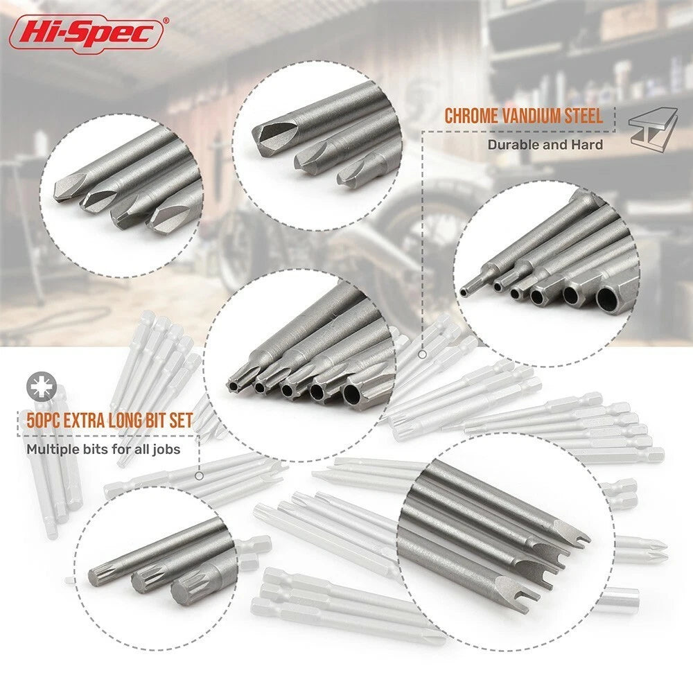 50Pcs Extra Long Security Bits Hex Torx Star Spline Flat Screwdriver Bit Box Set