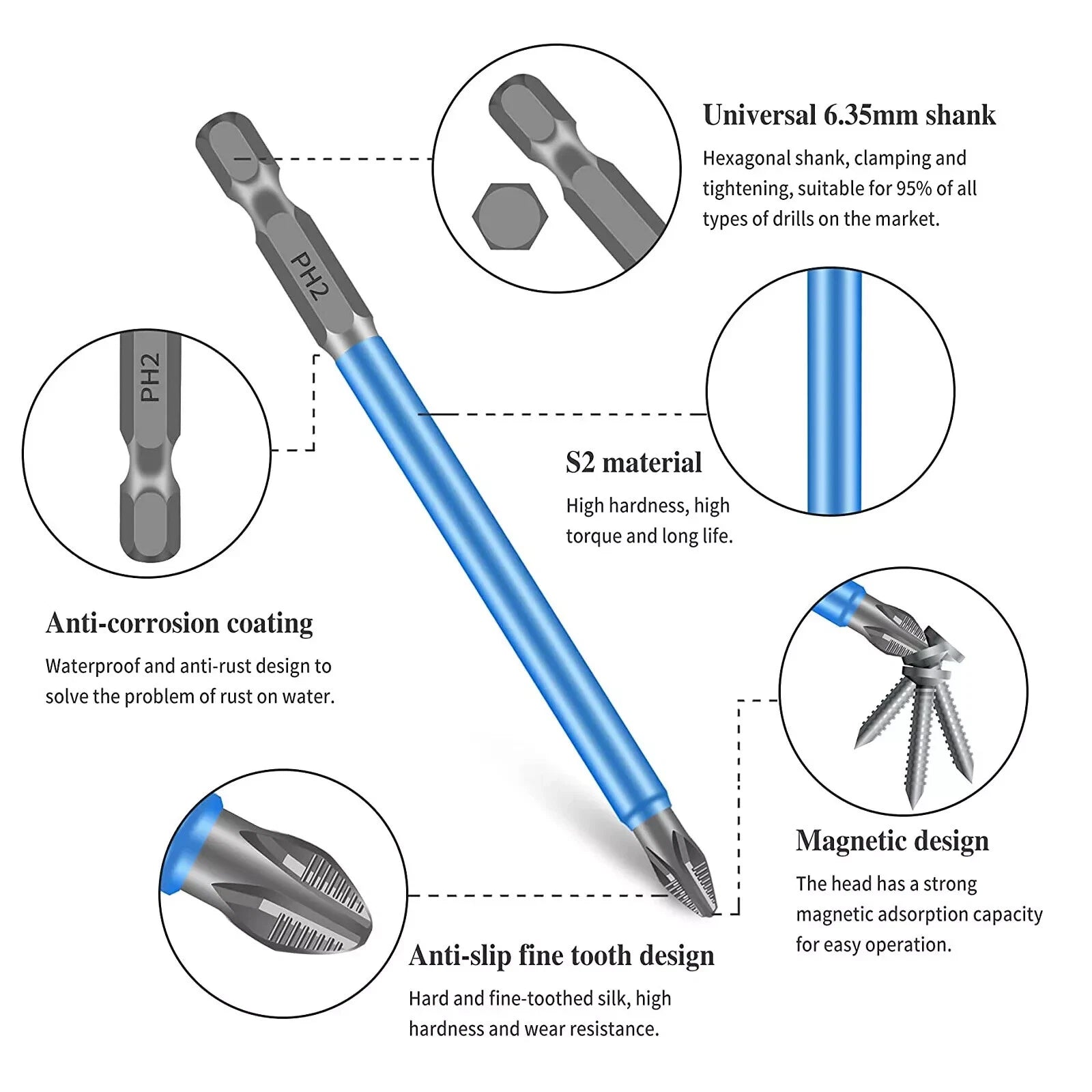 7~21 Magnetic screwdriver bit Bits set PH2 Anti-slip Hex Shank Screw Cross Head