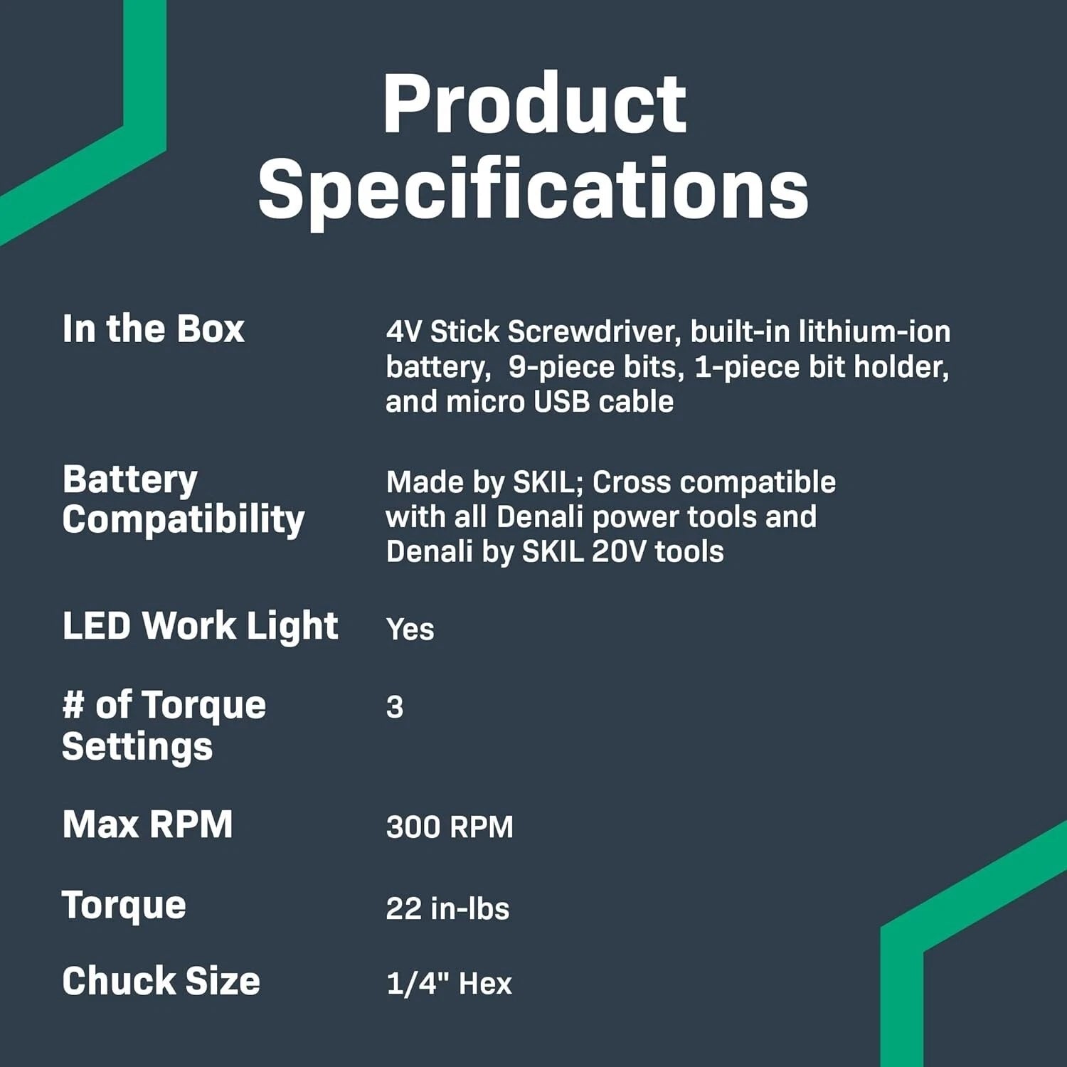 Denali by SKIL 4V Cordless Stick Screwdriver with 10-Piece Bit Set and USB Cable