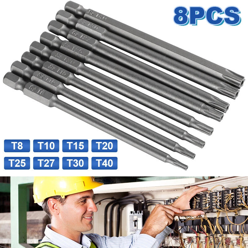 8PCS Torx Screwdriver Drill Bit Set 100MM Extra Long Hex Security Magnetic Head