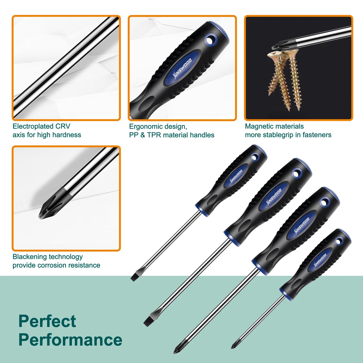 Kinswood 4 PCS Screwdriver Set Phillips Flat Head Slotted Repair Tools