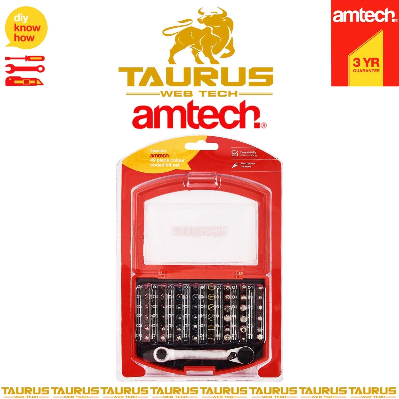 49x AMTECH COLOUR CODED Bit Set New Screwdriver Slotted Hex Torx Pozi Philips UK