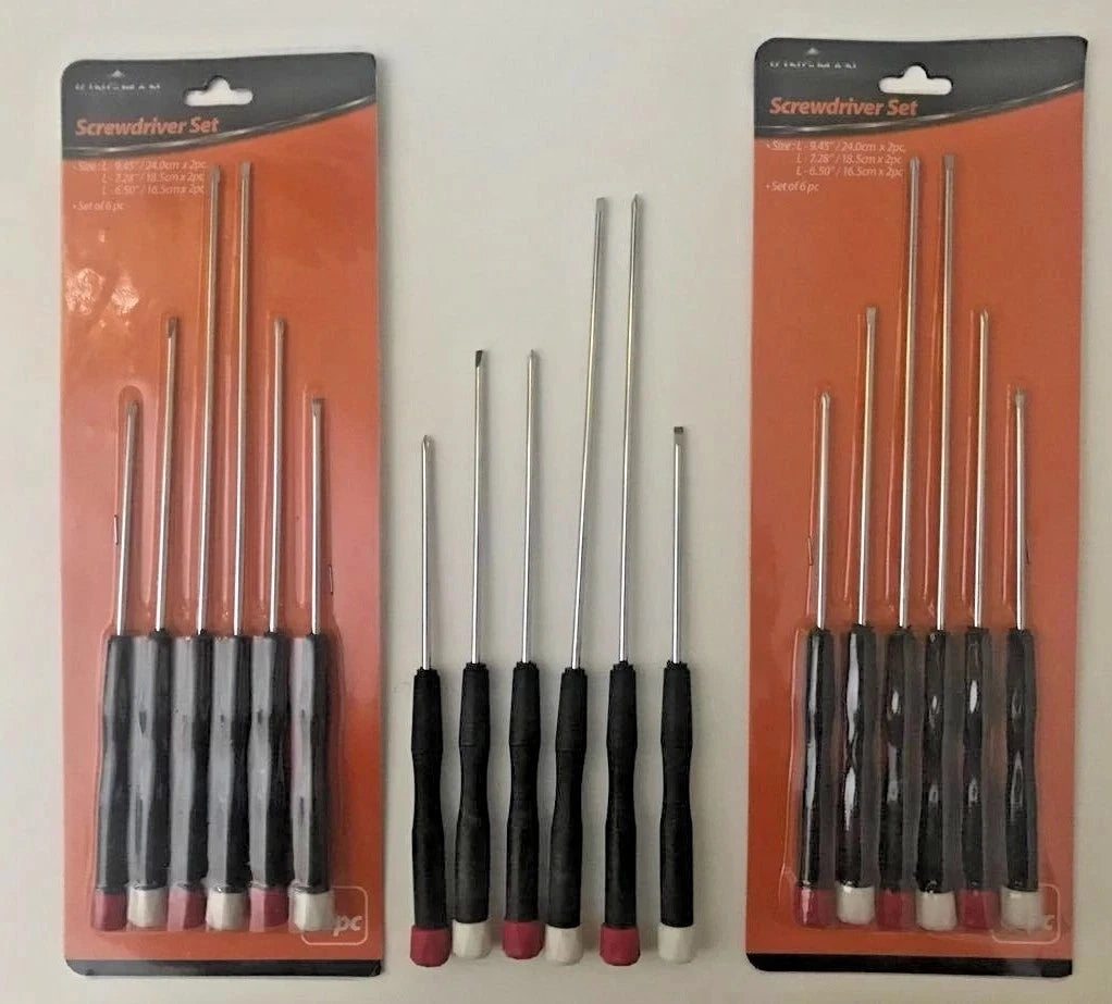 2 X 6pc Precision Screwdriver Set-Different Sizes/Heads-Long Reach Screwdrivers