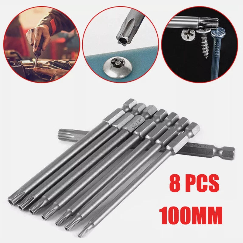 8PCS Torx Screwdriver Drill Bit Set 100MM Extra Long Hex Security Magnetic Head