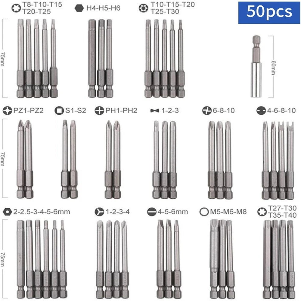 50Pc Long 75Mm Hex Torx Star Security Bit Set Tamper Proof Screwdriver With Case