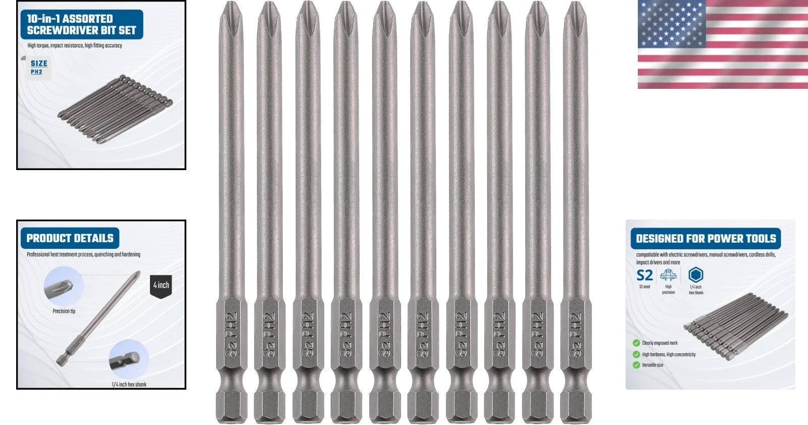 Precision 10PCS Phillips Screwdriver Bit Set - 4 Inch S2 Steel with Magnetic Tip