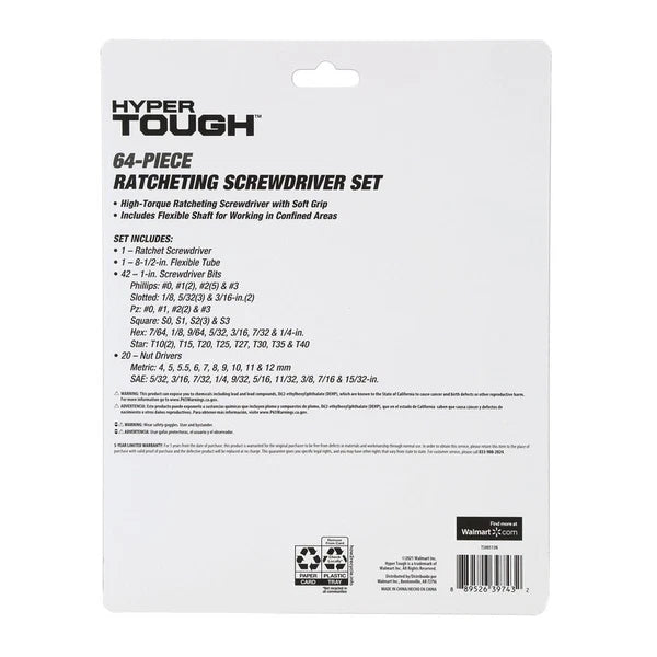 64 Piece Ratcheting Screwdriver & Nut Driver Set W/ Magnetic Tip Flex Extension