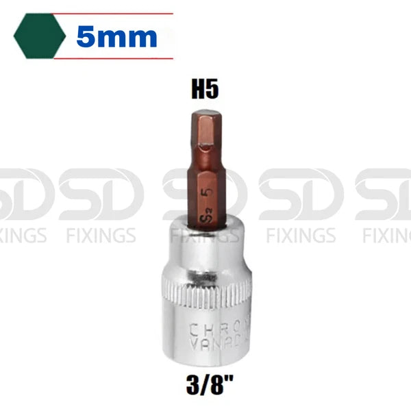 3/8" CR-V Square Drive Socket, S2 Steel Hex Allen Key Socket Bit 5mm