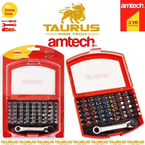 49x AMTECH COLOUR CODED Bit Set New Screwdriver Slotted Hex Torx Pozi Philips UK