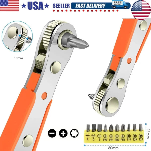 Ratcheting Right Angle Screwdriver Hex Drive 90 Degree Offset + 10pc Bits Set US