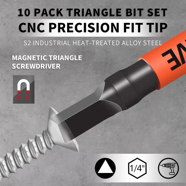 10-Pack Triangle Screwdriver Set - Premium S2 Steel Triangle Bit Set (2.56" Long