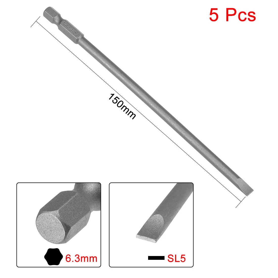 5pcs SL5 6" 1/4" Hex Shank Slotted Tip Magnetic Flat Head Screwdriver Bits S2