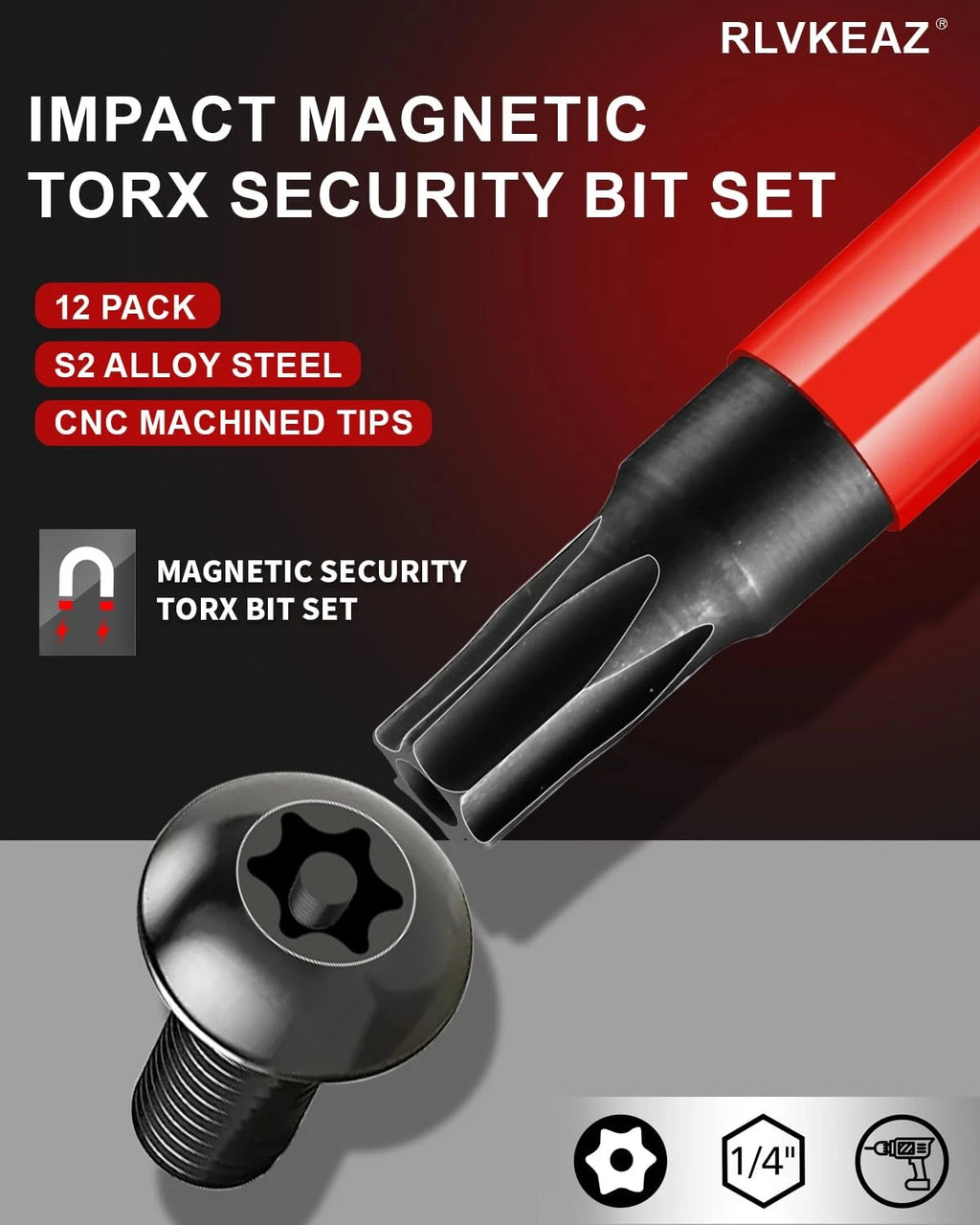 12-Piece Impact Security Torx Bit Set (T5-T40), 3-Inch Long S2 Steel...