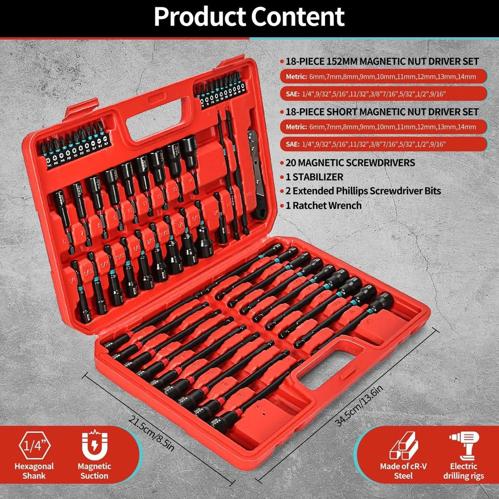 Magnetic Nut Driver Set for SAE/Metric Sizes, 60PCS 1/4 Inch Hex Shank | Cr-V St