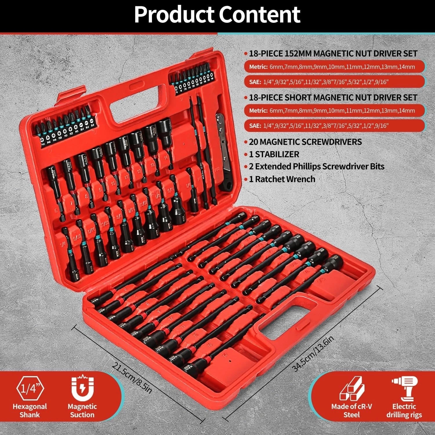 Magnetic Nut Driver Set for SAE/Metric Sizes, 60PCS 1/4 Inch Hex Shank | Cr-V St