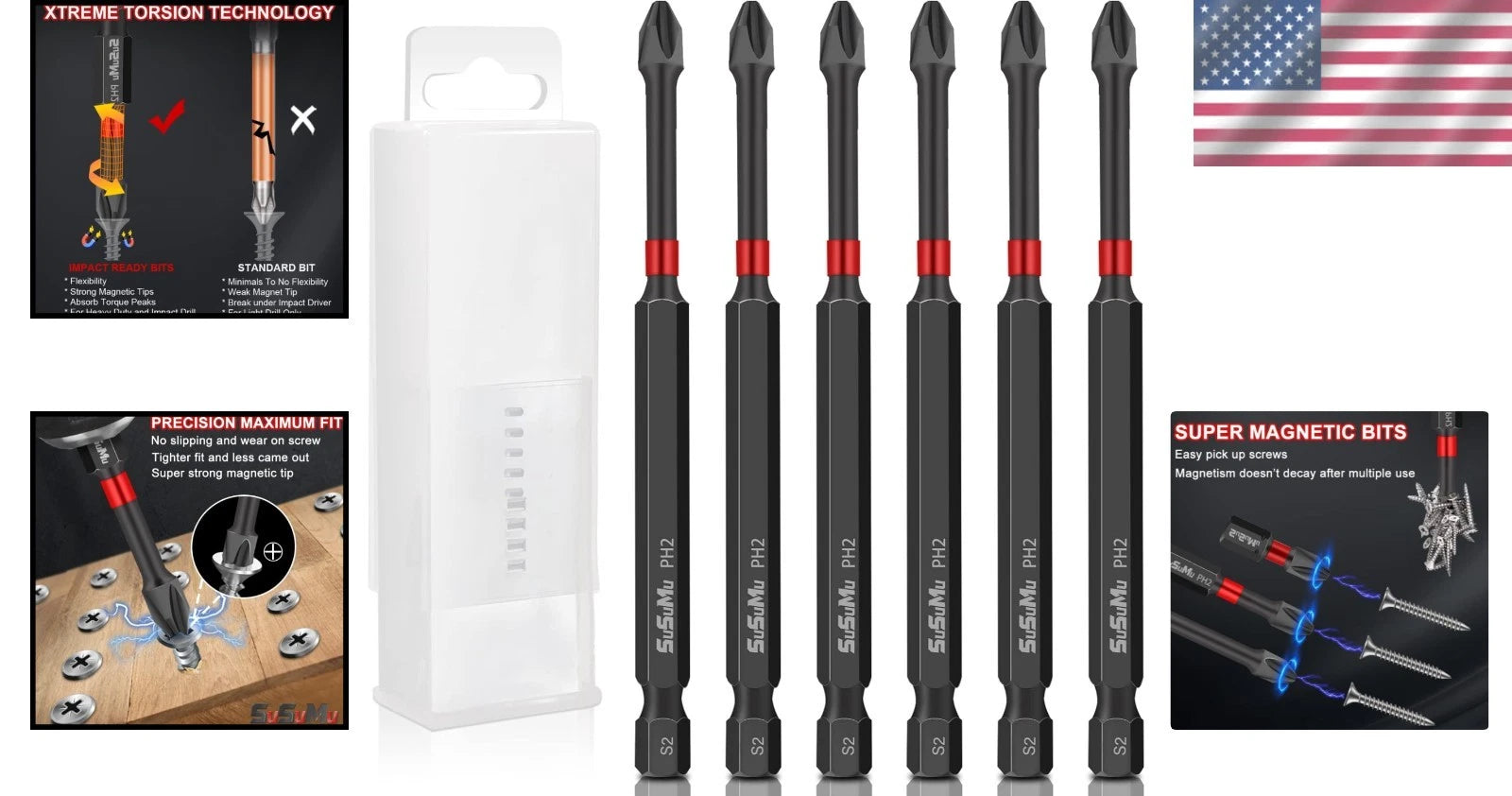 Precision Magnetic Phillips Bit Set - 4-Inch, High Torque with Storage Case