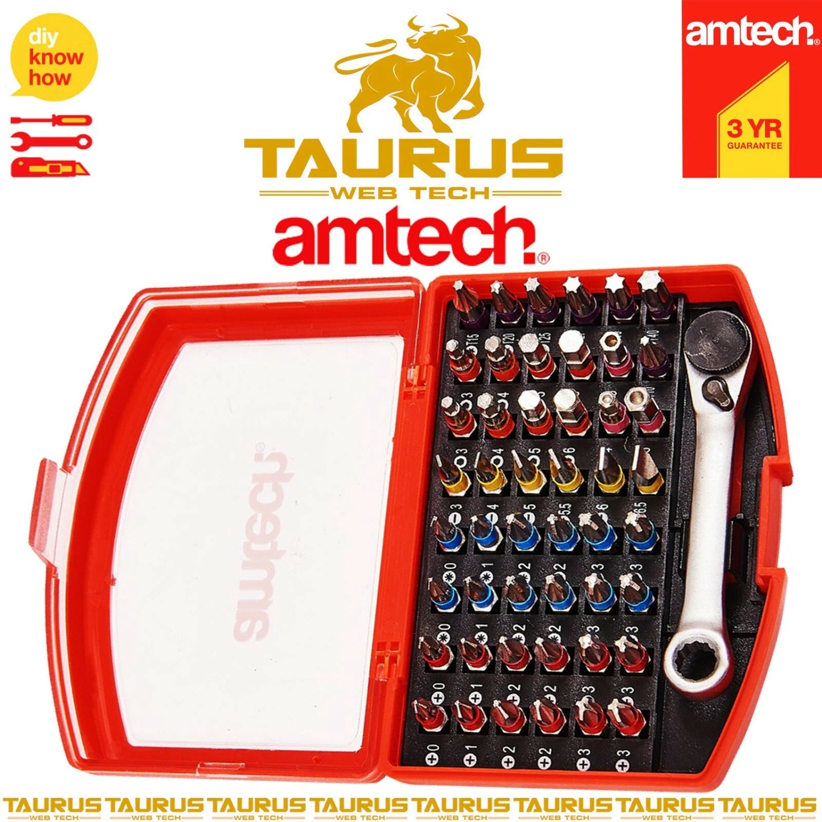 49x AMTECH COLOUR CODED Bit Set New Screwdriver Slotted Hex Torx Pozi Philips UK