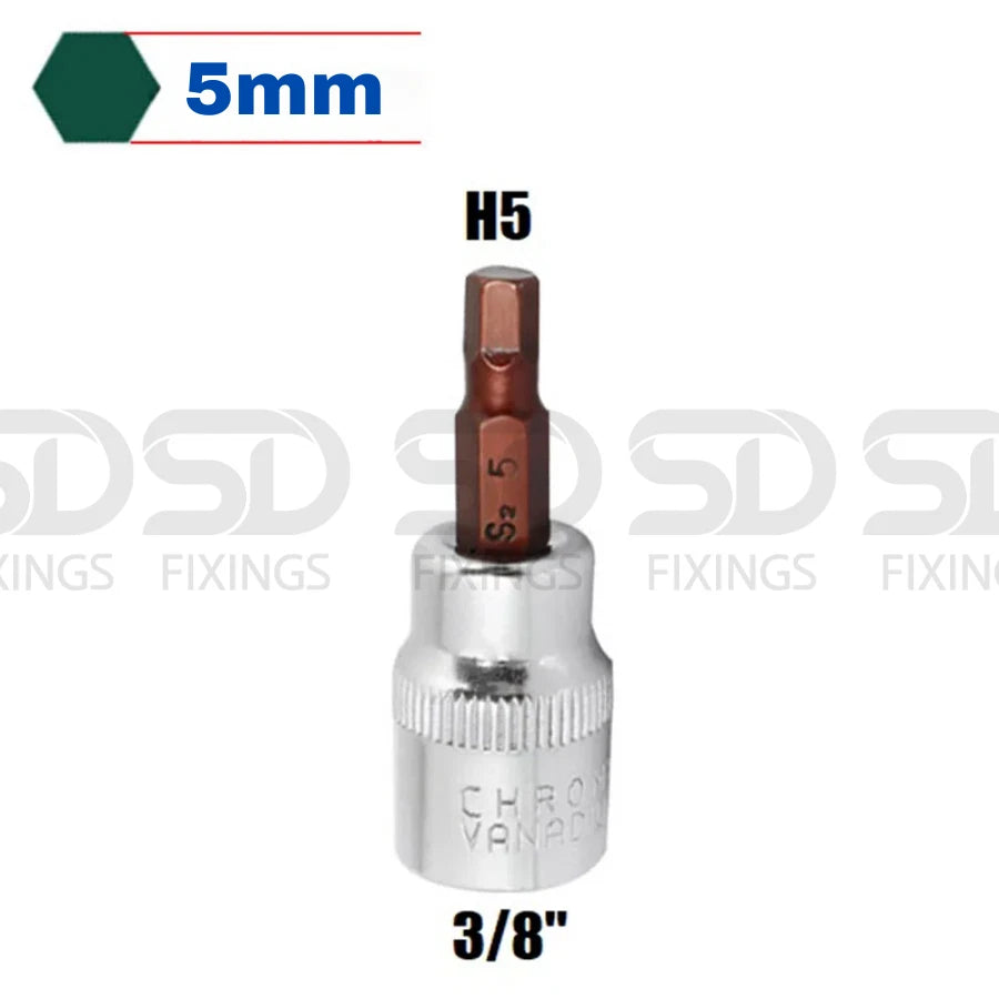 3/8" CR-V Square Drive Socket, S2 Steel Hex Allen Key Socket Bit 5mm