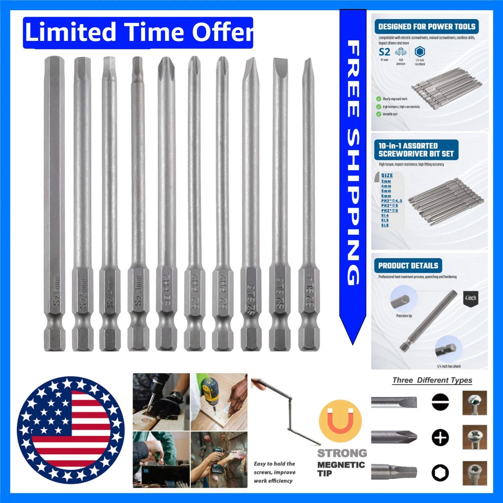 Durable 10-Piece S2 Steel Screwdriver Bit Set with Magnetic Tips - For All Tools