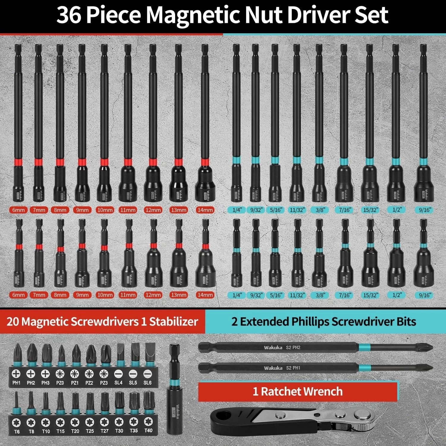 Magnetic Nut Driver Set for SAE/Metric Sizes, 60PCS 1/4 Inch Hex Shank | Cr-V St