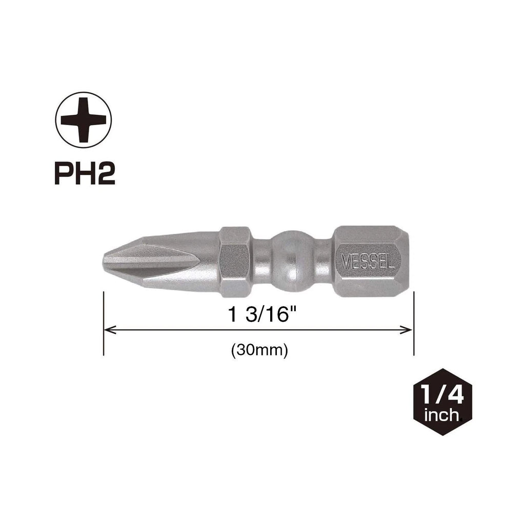 Vessel 2pc Phillips JIS Impact Ball Torsion Bit Set PH2 x 1'' Made In Japan