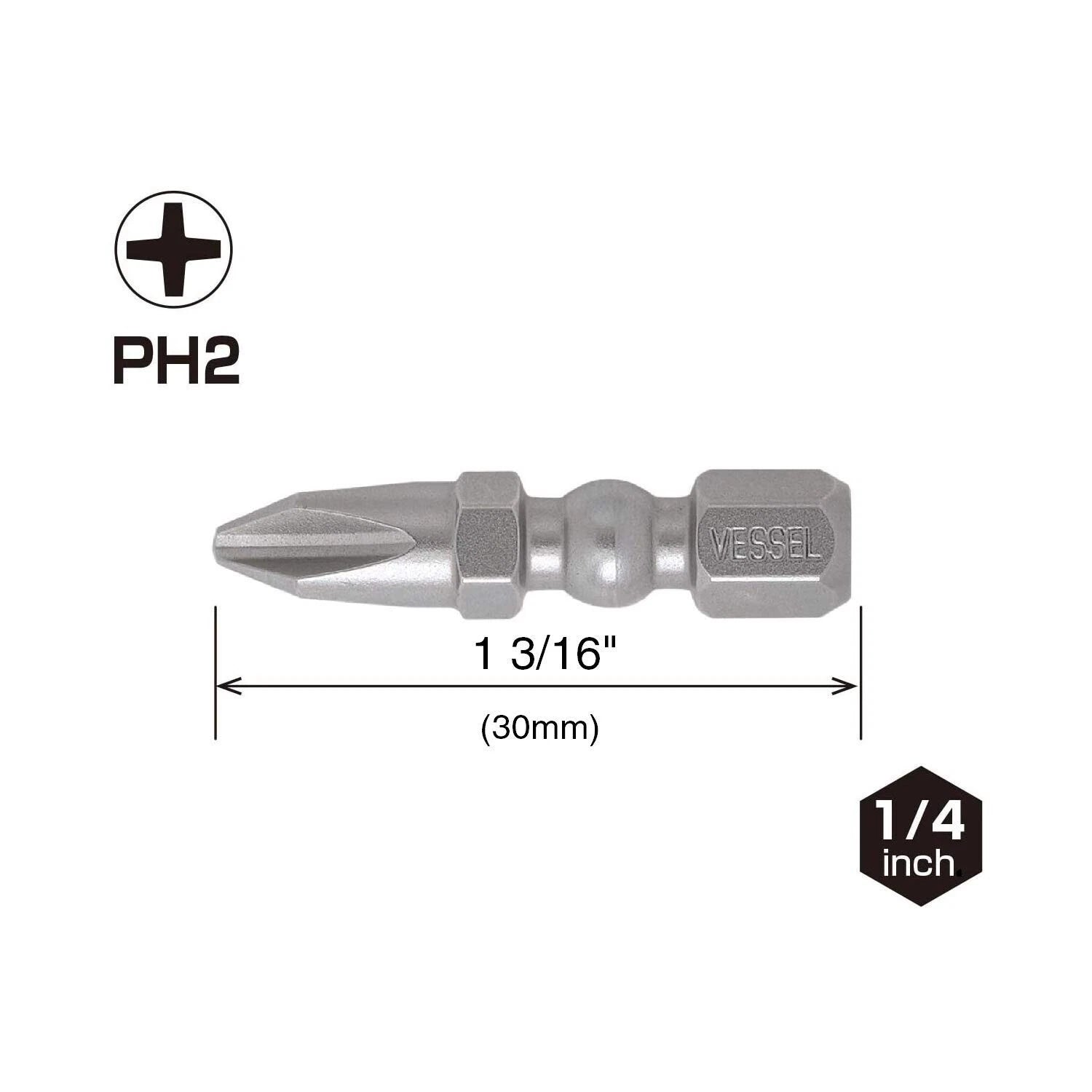 Vessel 2pc Phillips JIS Impact Ball Torsion Bit Set PH2 x 1'' Made In Japan