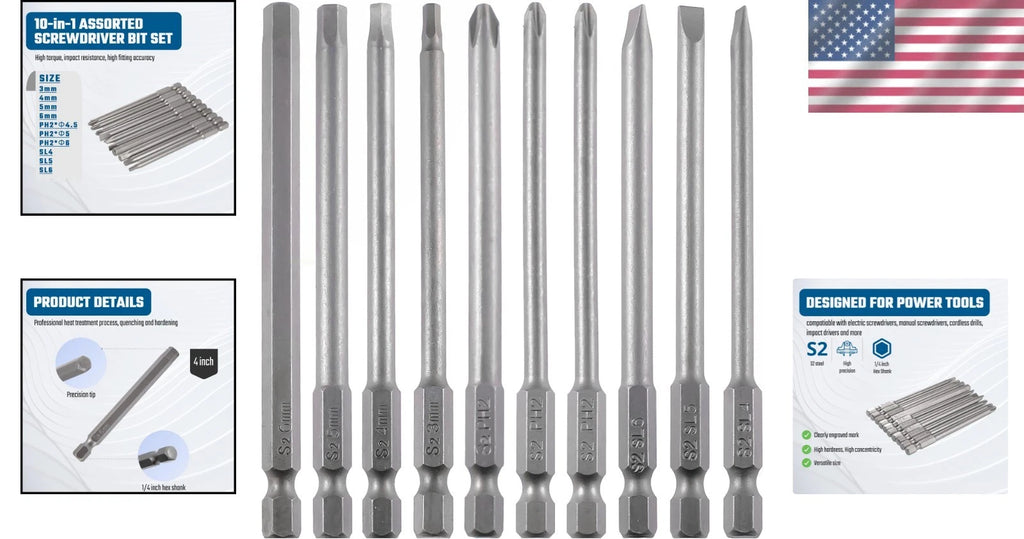 Durable 10-Piece S2 Steel Screwdriver Bit Set with Magnetic Tips - For All Tools