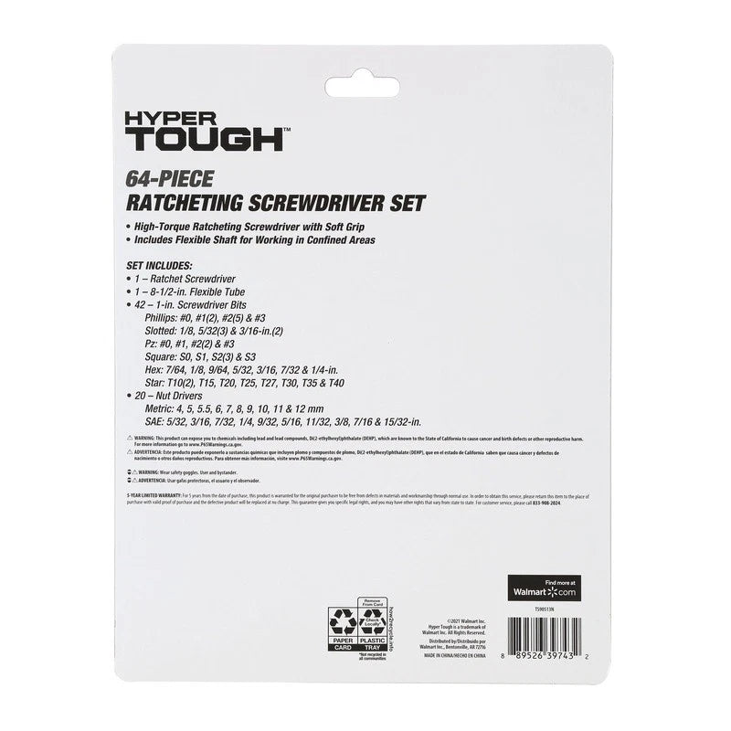 64 Piece Ratcheting Screwdriver & Nut Driver Set W/ Magnetic Tip Flex Extension