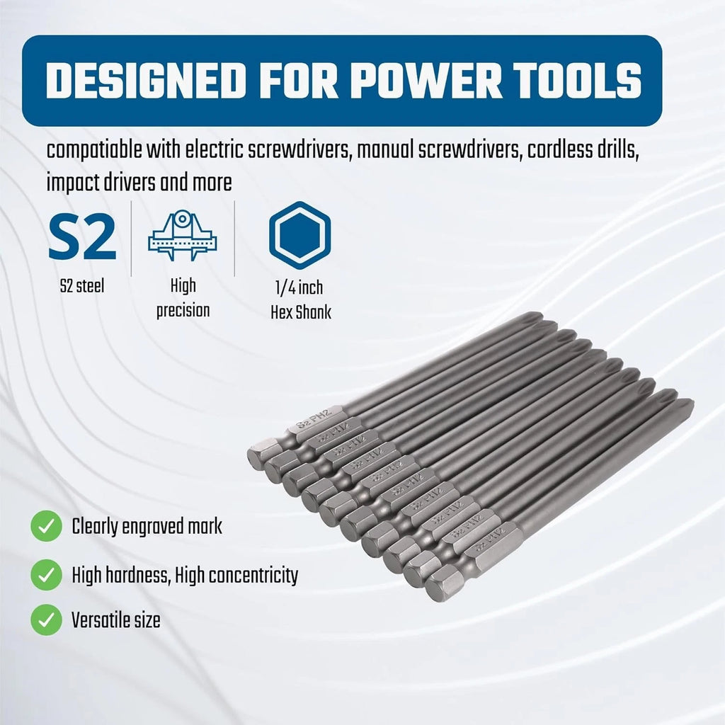 Precision 10PCS Phillips Screwdriver Bit Set - 4 Inch S2 Steel with Magnetic Tip
