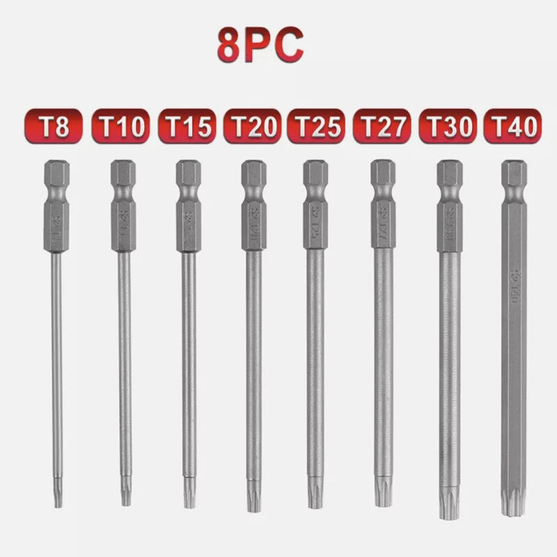 8PCS Torx Screwdriver Drill Bit Set 100MM Extra Long Hex Security Magnetic Head