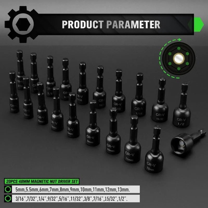55-Piece Magnetic Nut Driver Set, Metric & SAE 1/4" Hex Shank, Impact Driver So