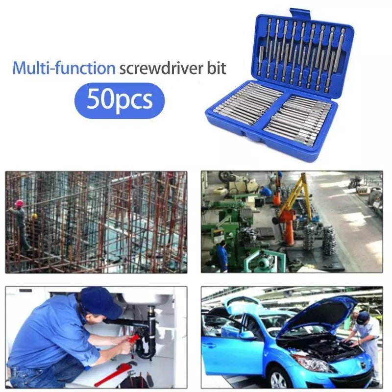 50Pcs Extra Long Security Bits Hex Torx Star Spline Flat Screwdriver Bit Box Set