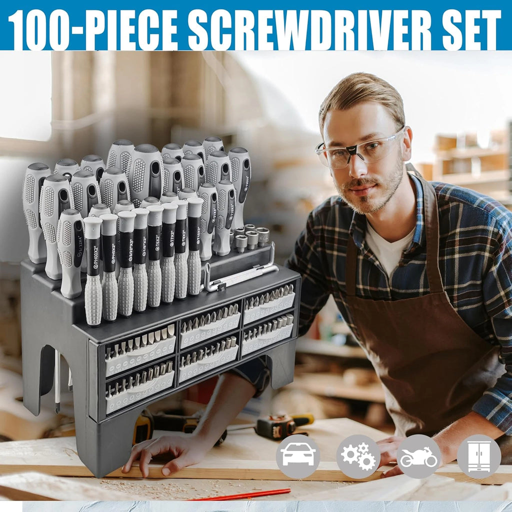 100-Piece Magnetic Screwdriver Set with Plastic Rack, Includes Slotted/Phillips/