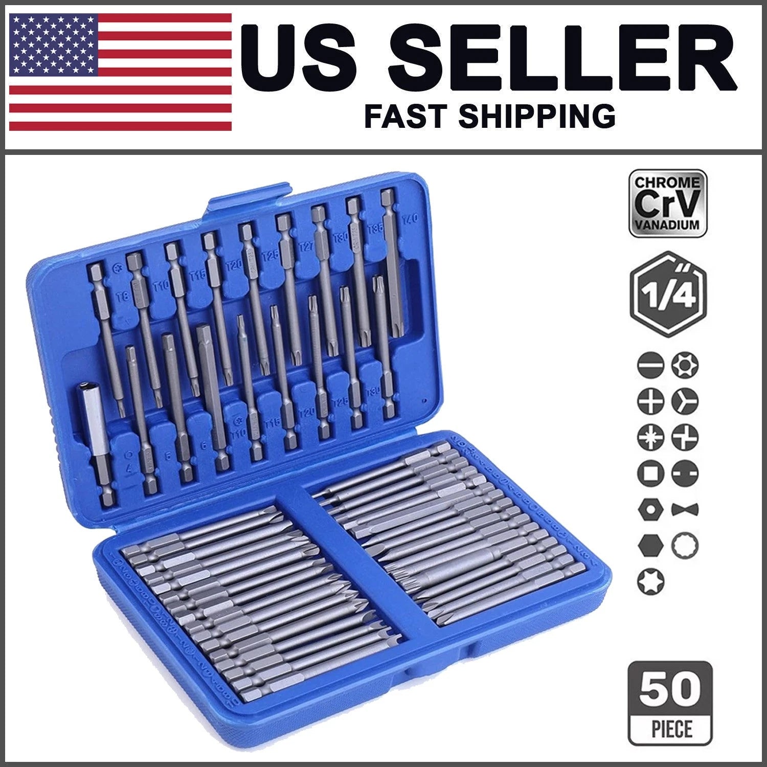 50Pc Long 75Mm Hex Torx Star Security Bit Set Tamper Proof Screwdriver With Case