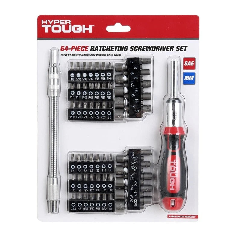 64 Piece Ratcheting Screwdriver & Nut Driver Set W/ Magnetic Tip Flex Extension