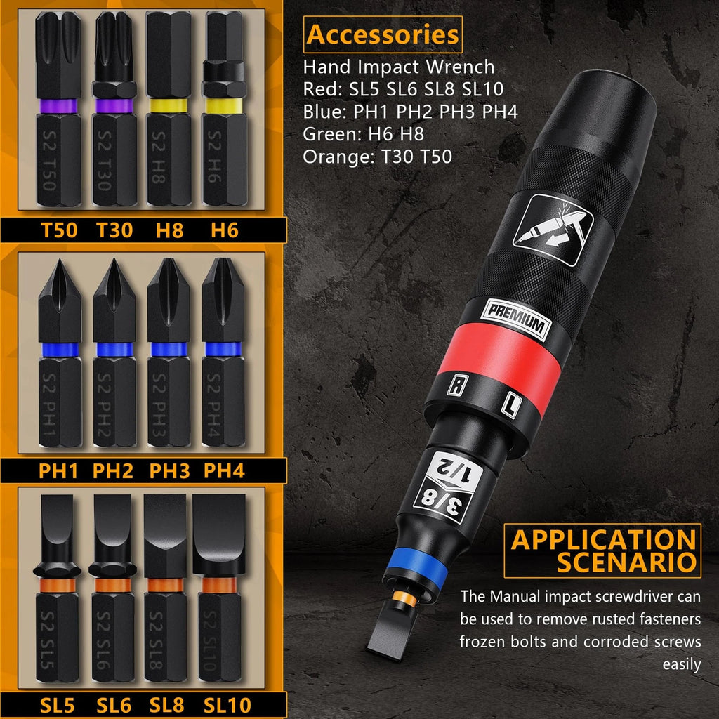1/2" Hand Impact Screwdriver Set, 13 PCS Manual Reversible Impact Driver Kit,...