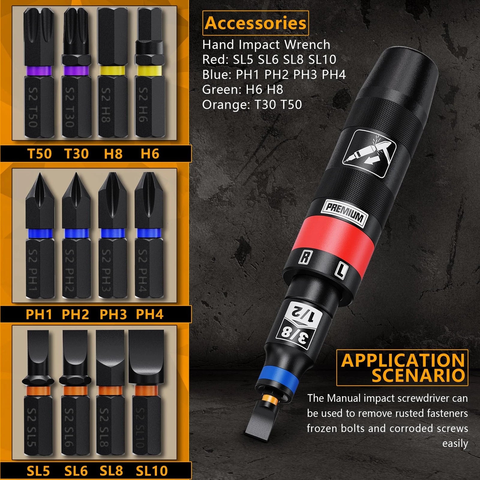 1/2" Hand Impact Screwdriver Set, 13 PCS Manual Reversible Impact Driver Kit,...