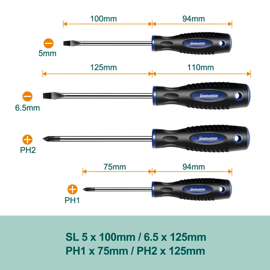 Kinswood 4 PCS Screwdriver Set Phillips Flat Head Slotted Repair Tools