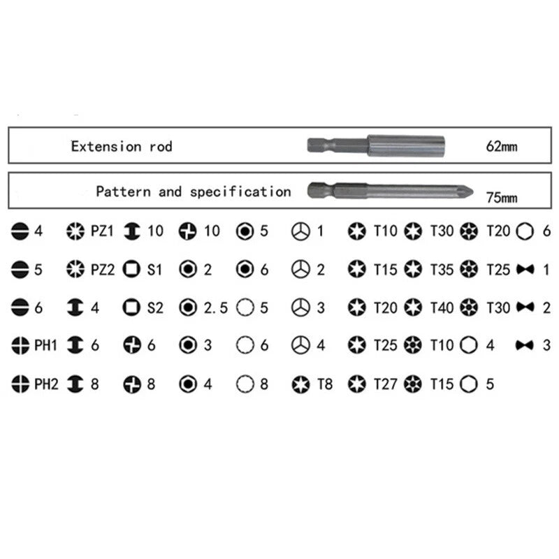 50Pcs Extra Long Security Bits Hex Torx Star Spline Flat Screwdriver Bit Box Set