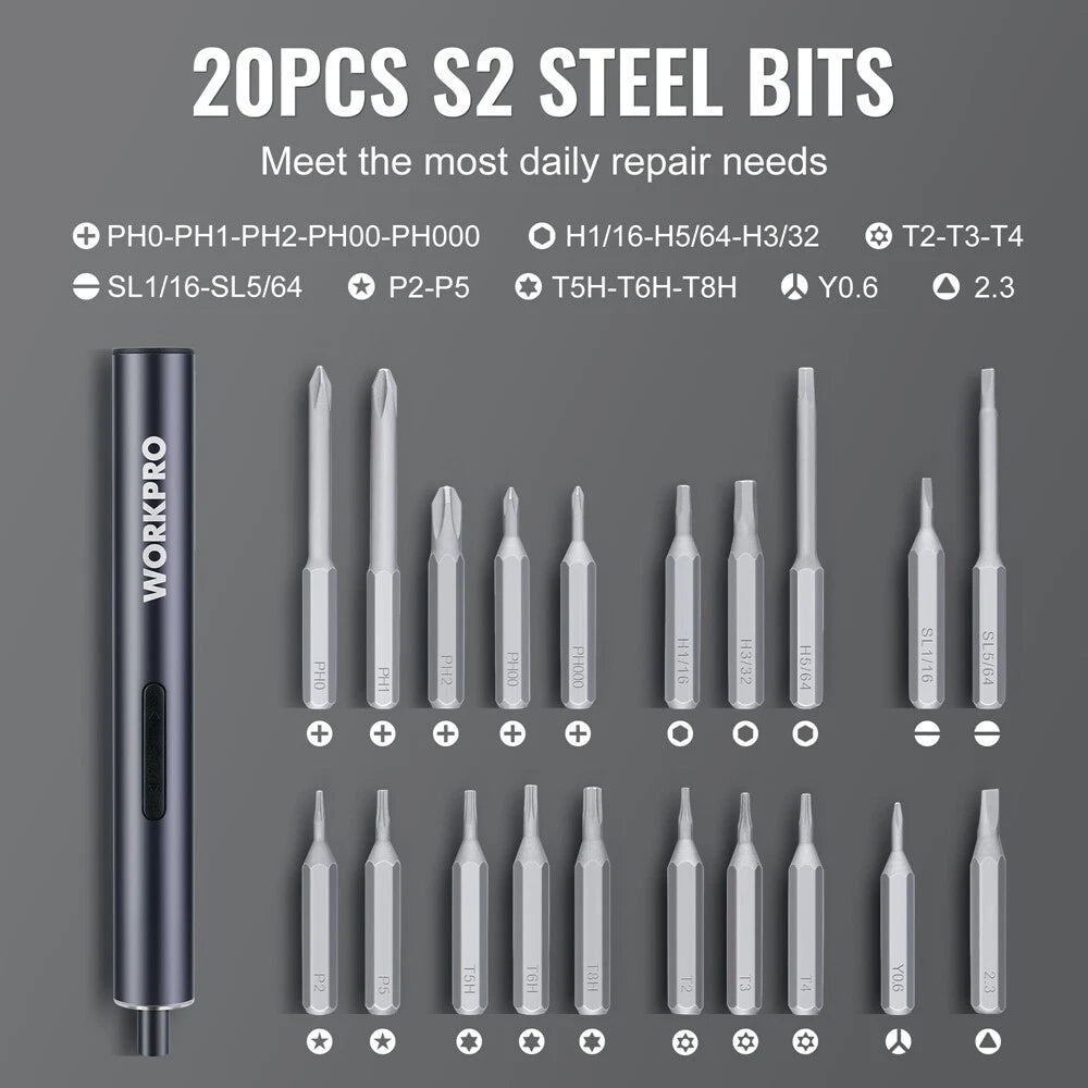 WORKPRO 20 in 1 Electric Precision Screwdriver with Magnetizer and S2 Steel Bits