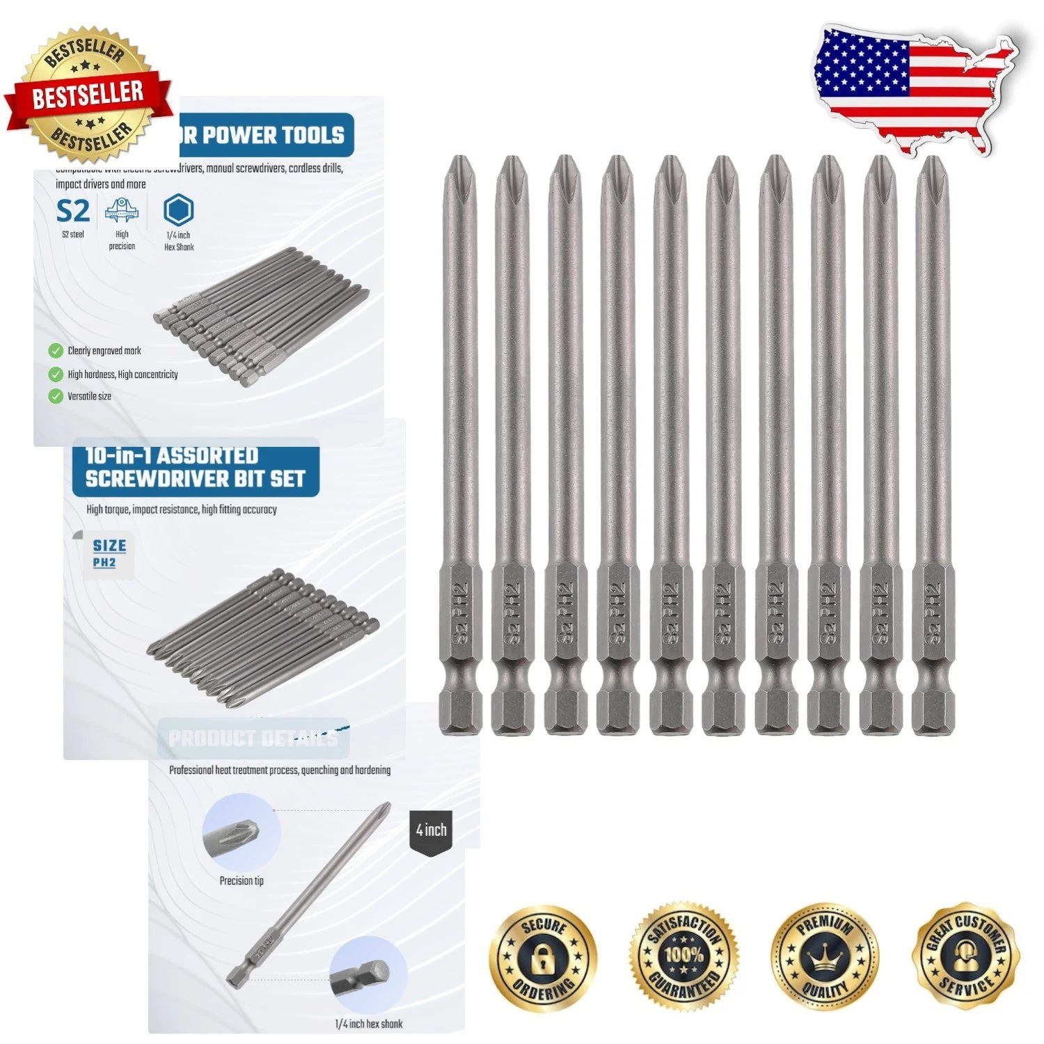 Precision 10PCS Phillips Screwdriver Bit Set - 4 Inch S2 Steel with Magnetic Tip