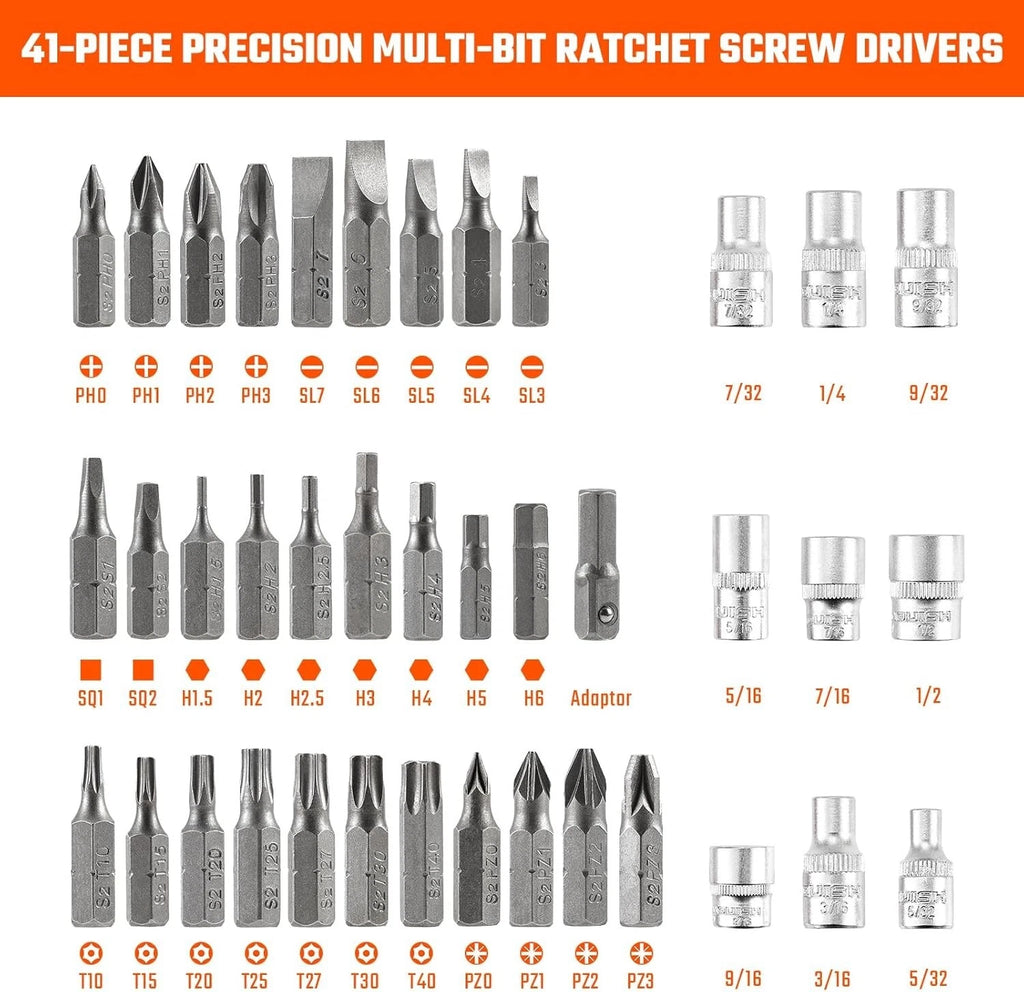Vanquish Ratcheting Screwdriver Set, 41-Piece Precision Multi-bit Ratchet Screw