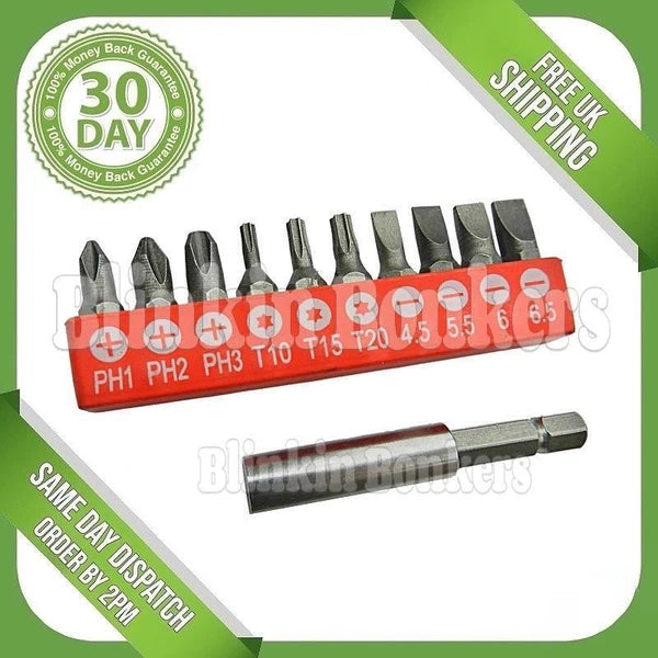 11PC POWER DRILL CORDLESS SCREWDRIVER PHILIPS SLOTTED TORX BITS MAGNETIC HOLDER
