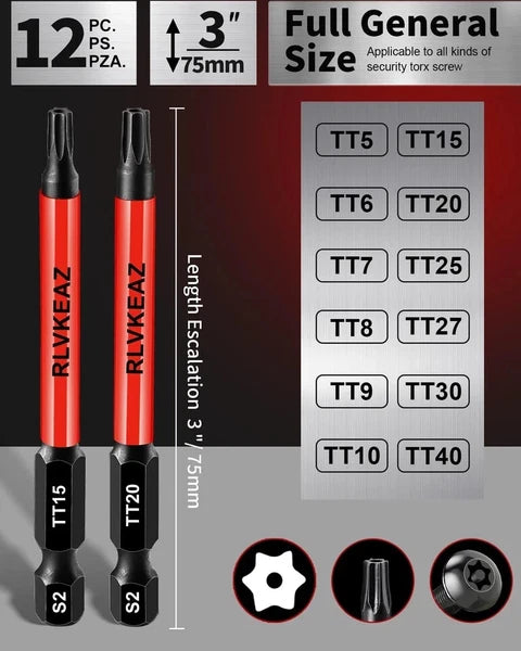 12-Piece Impact Security Torx Bit Set (T5-T40), 3-Inch Long S2 Steel USA*