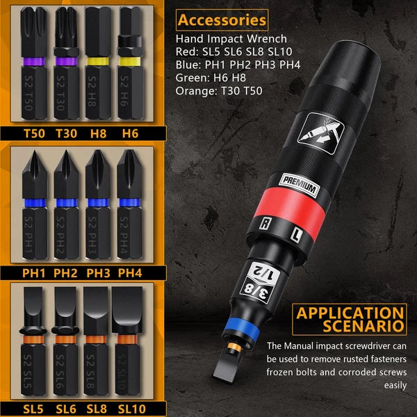 1/2" Hand Impact Screwdriver Set, 13 PCS Manual Reversible Impact Driver Kit,...