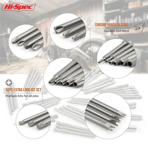 50Pcs Extra Long Security Bits Hex Torx Star Spline Flat Screwdriver Bit Box Set