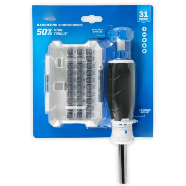 31-Piece Ratcheting Screwdriver Set with 3-Position Ratchet Mechanism