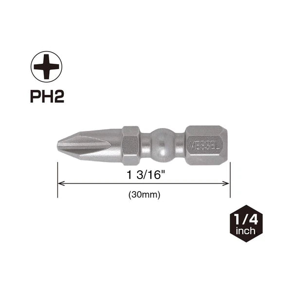 Vessel 2pc Phillips JIS Impact Ball Torsion Bit Set PH2 x 1'' Made In Japan