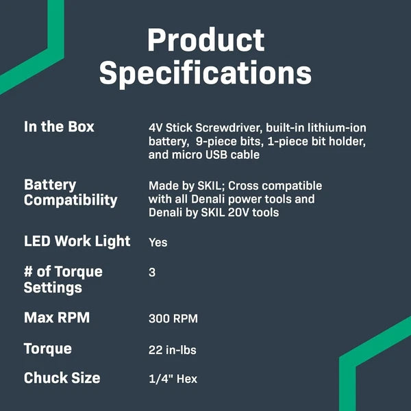 Denali by SKIL 4V Cordless Stick Screwdriver with 10-Piece Bit Set and USB Cable